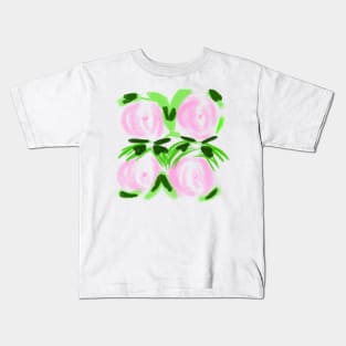 Pink watercolor floral green leaves art Kids T-Shirt